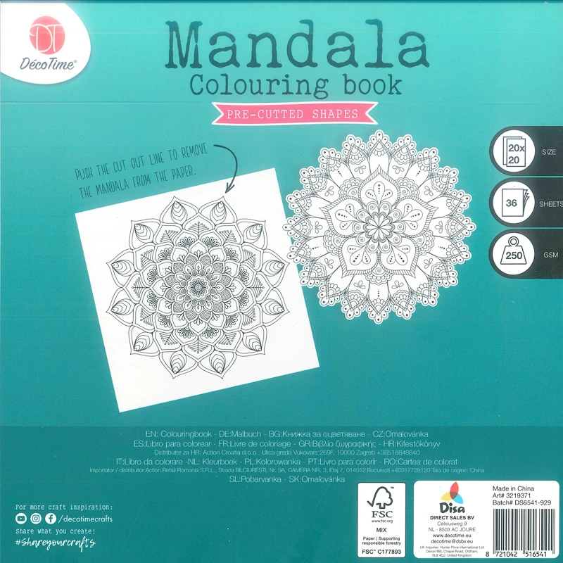 Deco Time - Mandala Anti-Stress Coloring Book Thick Paper 250 gsm Pre-Cutted Shapes 36 Sheets Size 20 x 20 cm – Turquoise Cover (3219371)